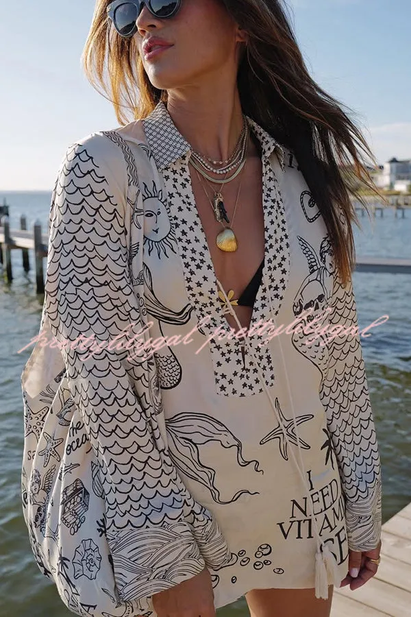 Live By Water Satin Unique Print Tassle Shirt and Elastic Waist Shorts Set