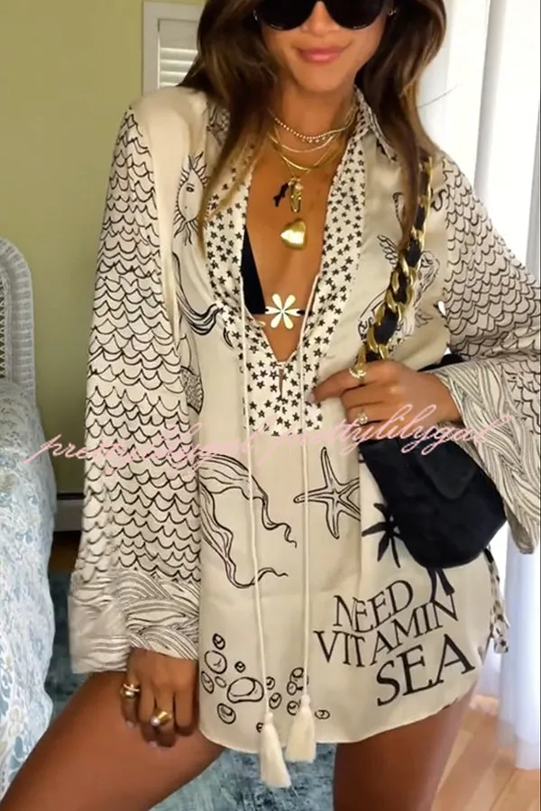 Live By Water Satin Unique Print Tassle Shirt and Elastic Waist Shorts Set