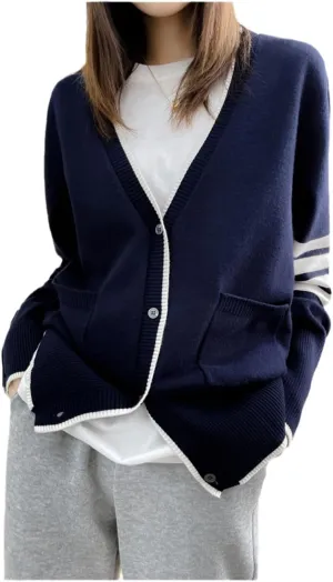 Long Sleeved Spring and Autumn Cashmere Women's Sweater TB Style New Women's Loose Knit Cardigan Top
