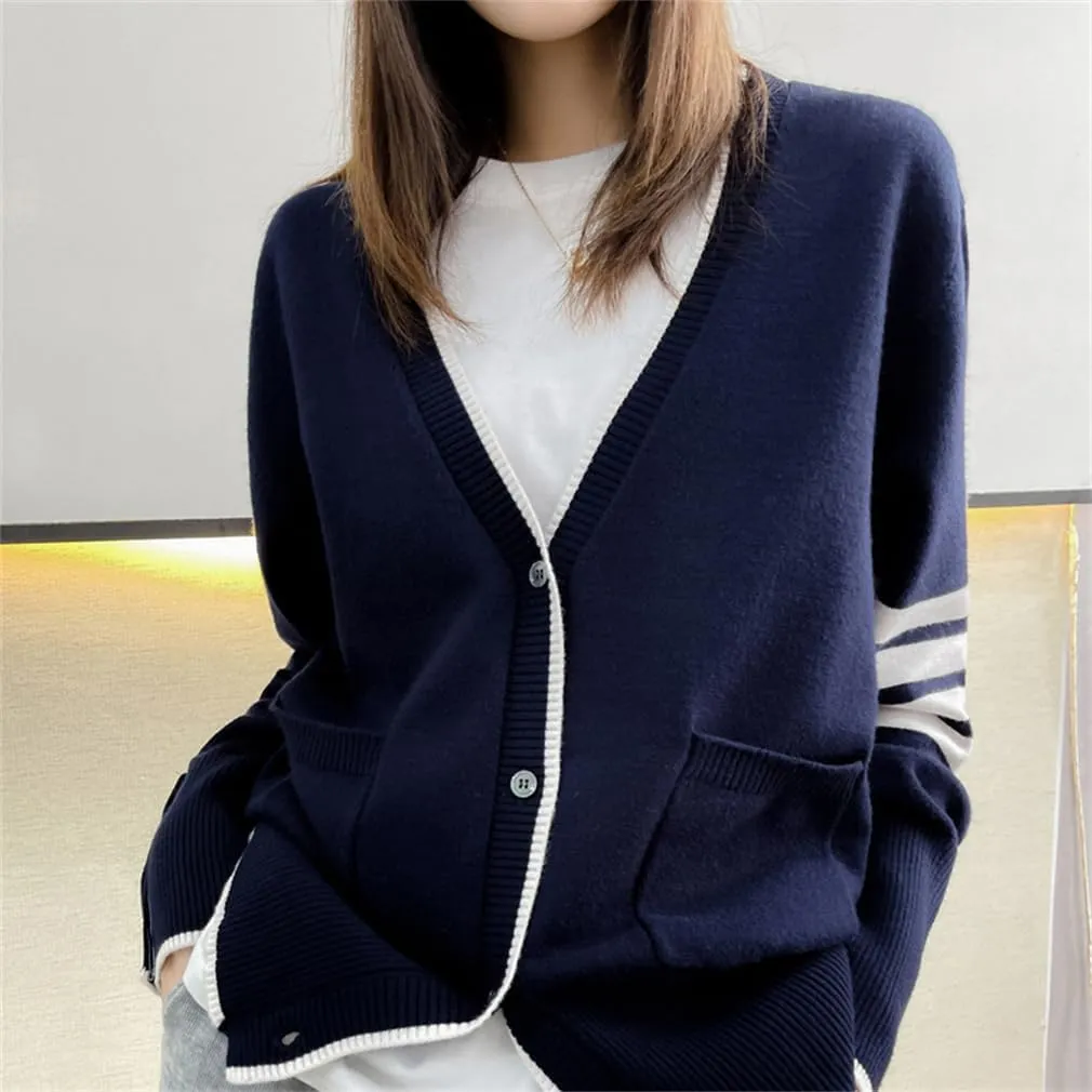 Long Sleeved Spring and Autumn Cashmere Women's Sweater TB Style New Women's Loose Knit Cardigan Top