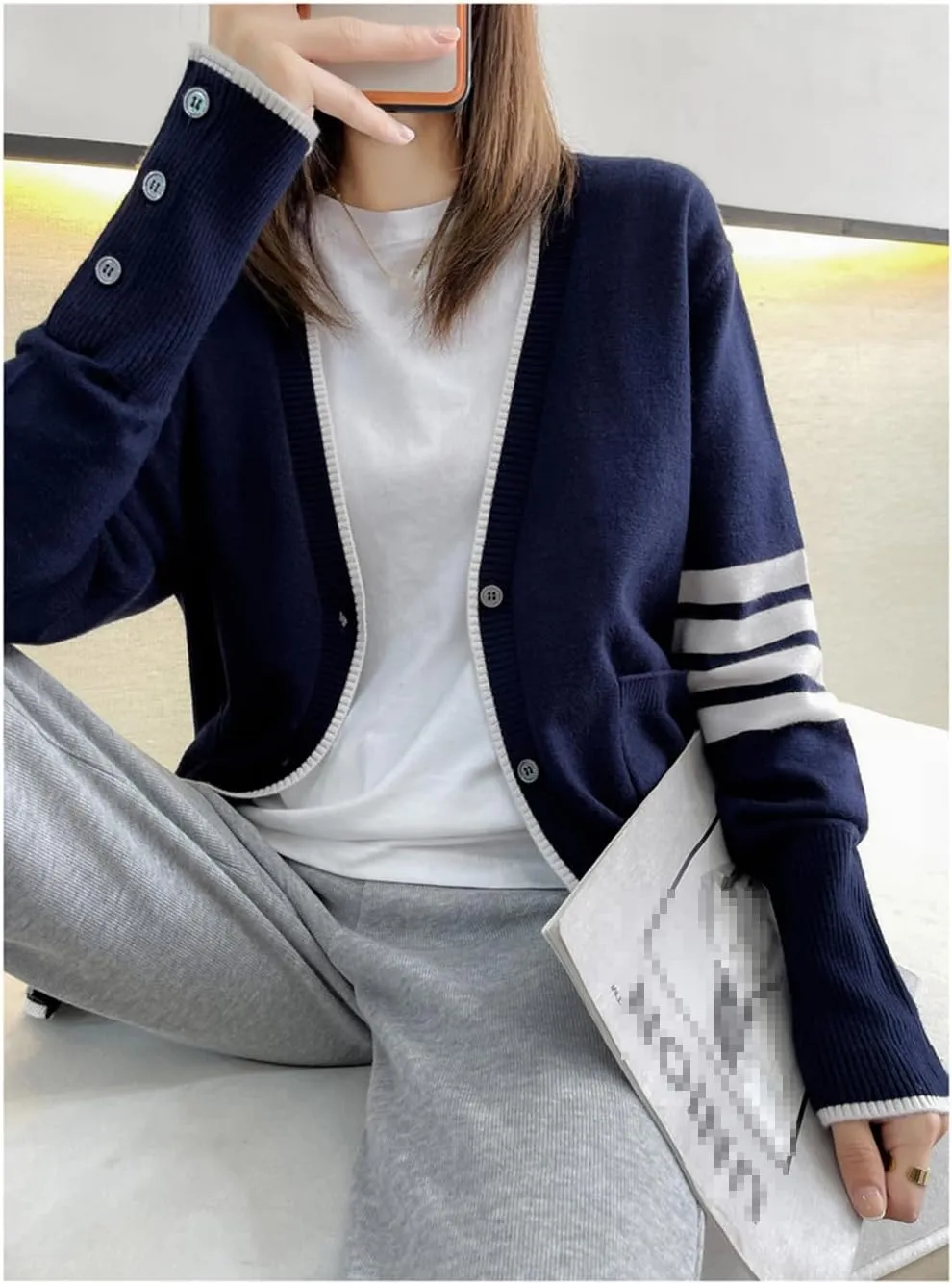 Long Sleeved Spring and Autumn Cashmere Women's Sweater TB Style New Women's Loose Knit Cardigan Top