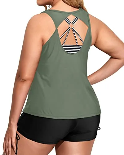 Loose Fit Plus Size 3 Piece Swimsuit With High Waisted Boy Short-Navy Blue