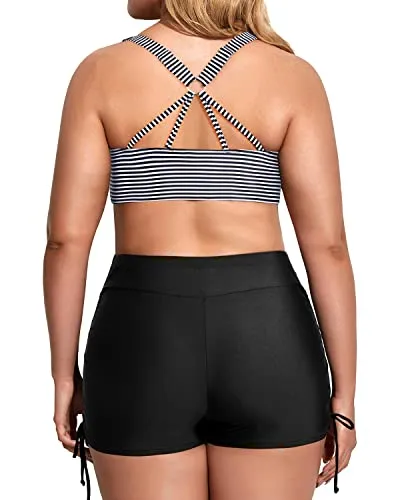 Loose Fit Plus Size 3 Piece Swimsuit With High Waisted Boy Short-Navy Blue
