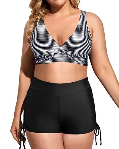 Loose Fit Plus Size 3 Piece Swimsuit With High Waisted Boy Short-Navy Blue