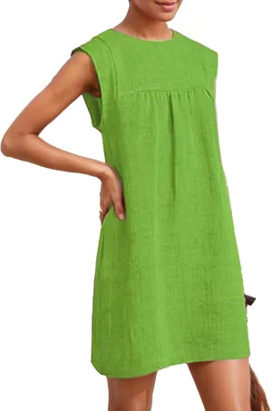 Loose Sleeveless Cotton Linen Tunic Sundress Women Summer Casual Beach Vacation Short Shift Tank Mini Dress