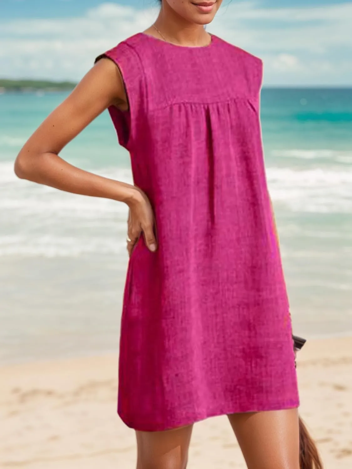 Loose Sleeveless Cotton Linen Tunic Sundress Women Summer Casual Beach Vacation Short Shift Tank Mini Dress