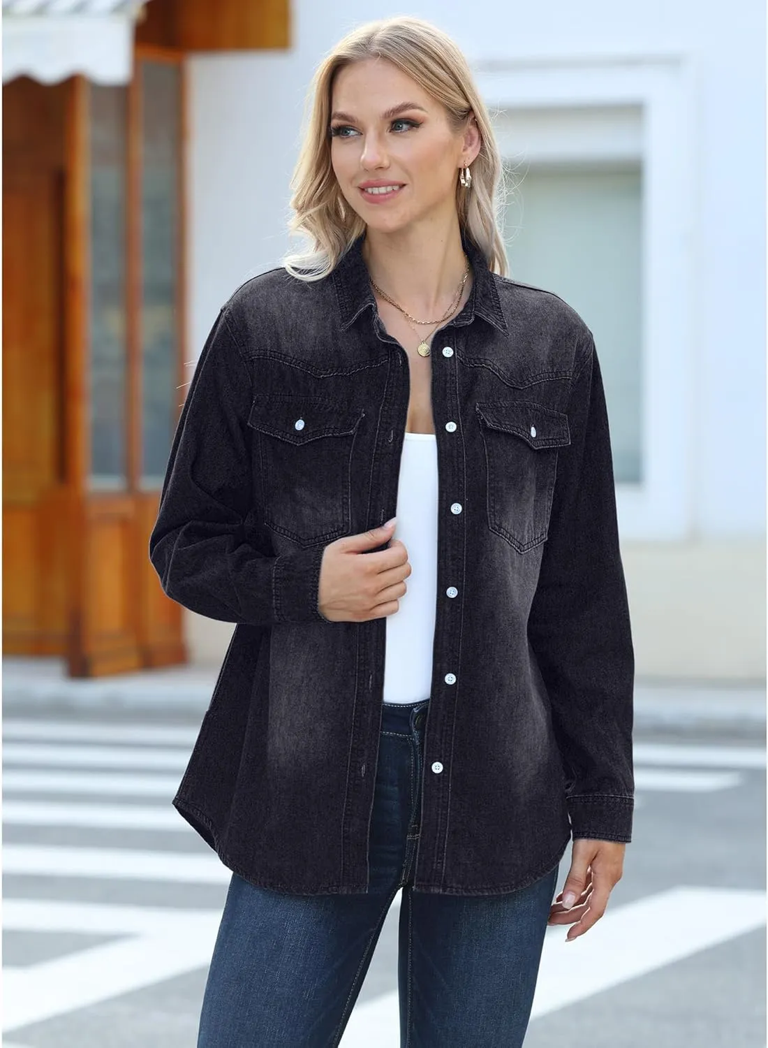 luvamia Long Denim Jacket for Women Lightweight Trendy Jean Button Down Shirts Jackets Oversized Shackets with Pockets