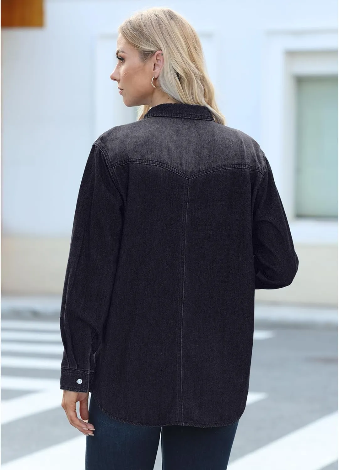 luvamia Long Denim Jacket for Women Lightweight Trendy Jean Button Down Shirts Jackets Oversized Shackets with Pockets
