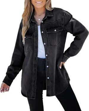 luvamia Long Denim Jacket for Women Lightweight Trendy Jean Button Down Shirts Jackets Oversized Shackets with Pockets