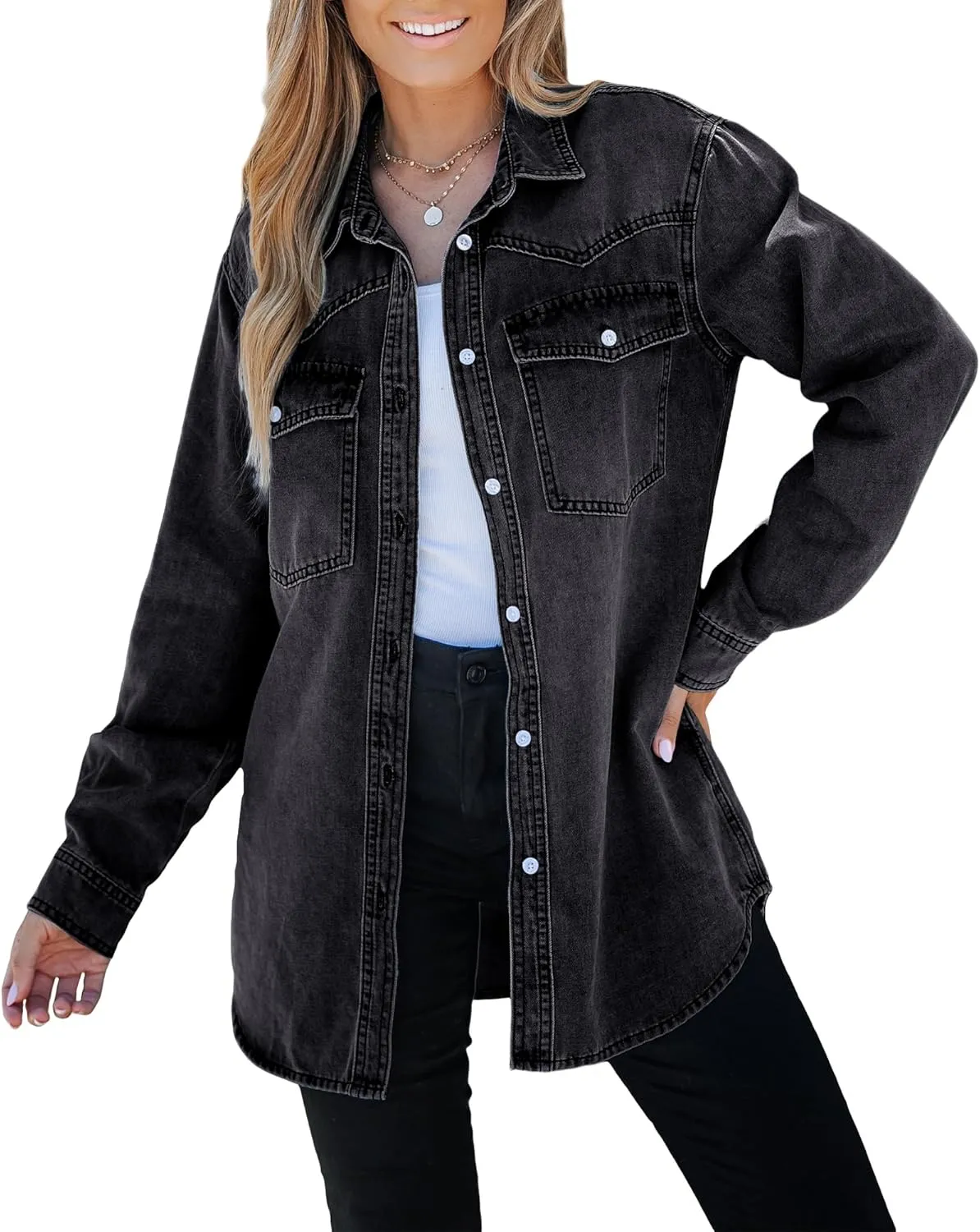 luvamia Long Denim Jacket for Women Lightweight Trendy Jean Button Down Shirts Jackets Oversized Shackets with Pockets
