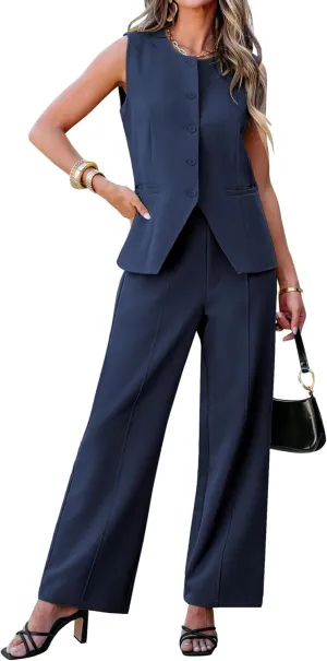 luvamia Vest Pants Suits for Women Dressy 2 Piece Business Casual Outfits Sleeveless Blazer Wide Leg Pants Pantsuit Sets