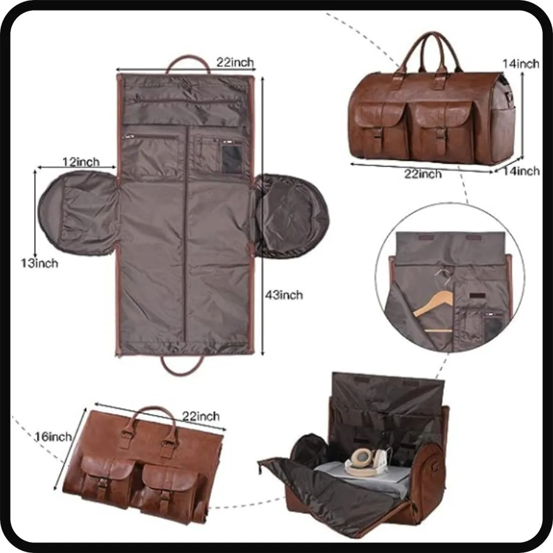 Luxemega Travel Bag, 2 in 1 Jenniibags Travel Bags for Women, Waterproof Large Capacity Convertible Garment Duffel Bags (one size,Dark brown-b)