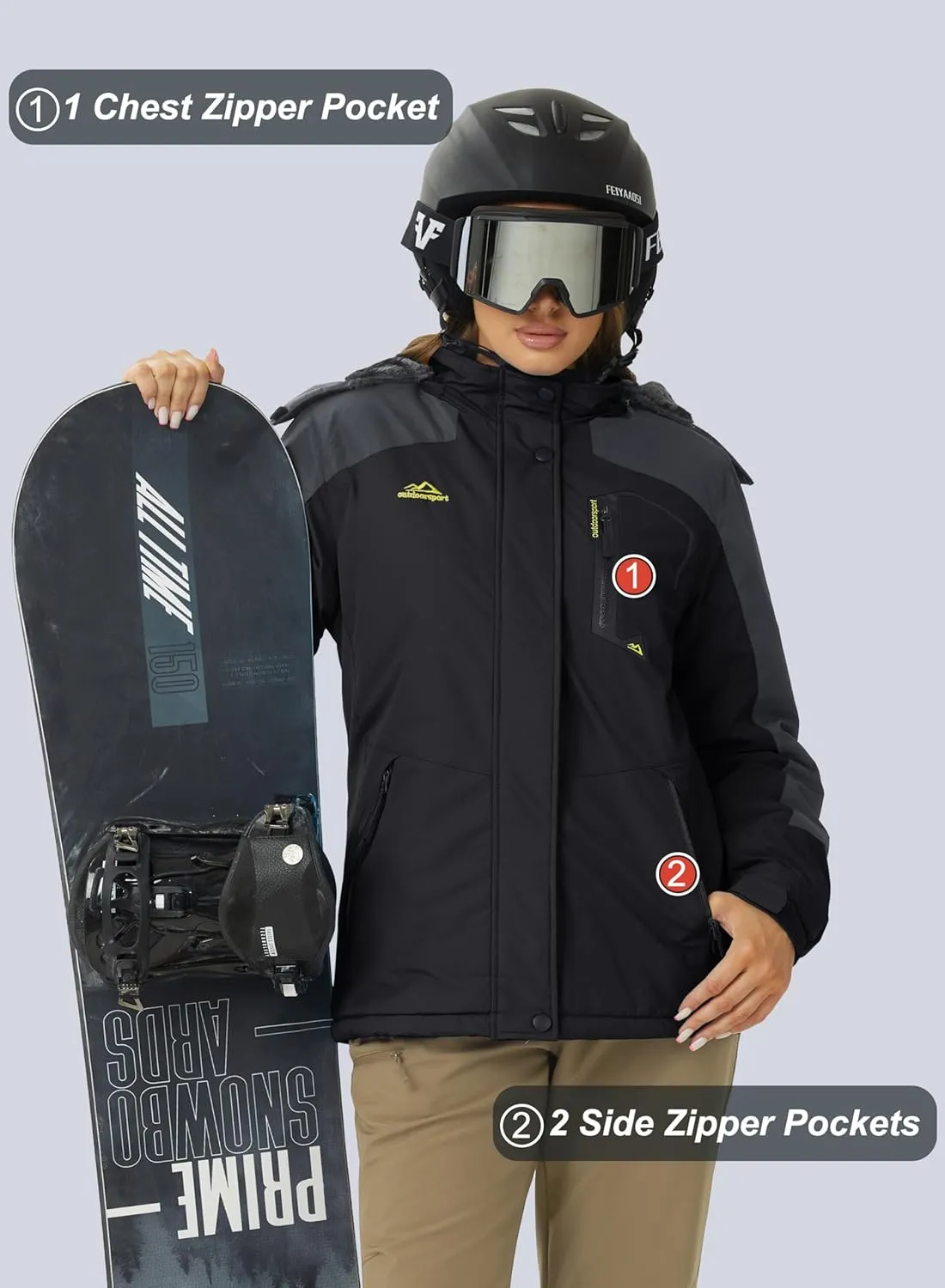 MAGCOMSEN Women's Ski Jacket Waterproof Insulated Snow Jacket Warm Windproof Winter Coats with Hood Fleece Lined Jacket