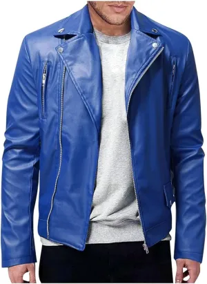 Maiyifu-GJ Mens Faux Leather Biker Jacket Vintage Asymmetric Zip Motorcycle Jackets PU Lightweight Punk Belted Slim Coat