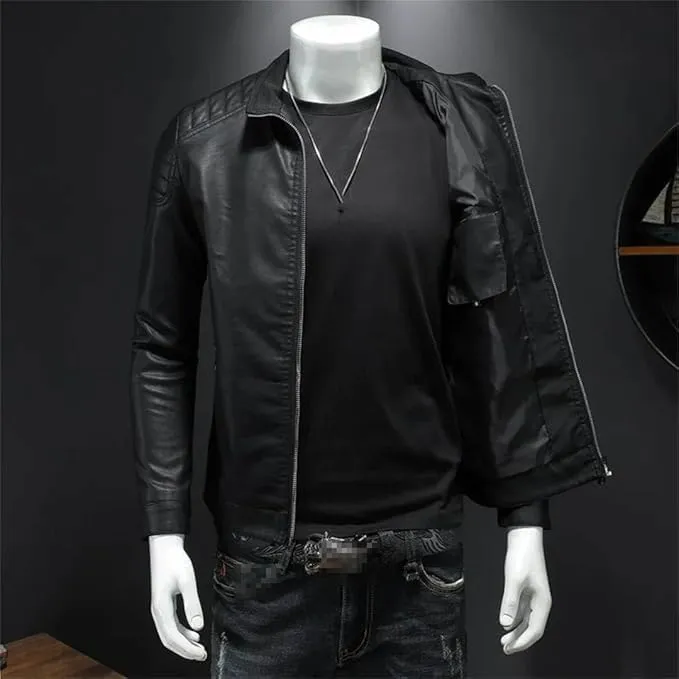 Maiyifu-GJ Men's Vintage Faux Leather Jacket Zip Up Long Sleeve Motorcycle Coat PU Lapel Lightweight Slim Fit Jackets