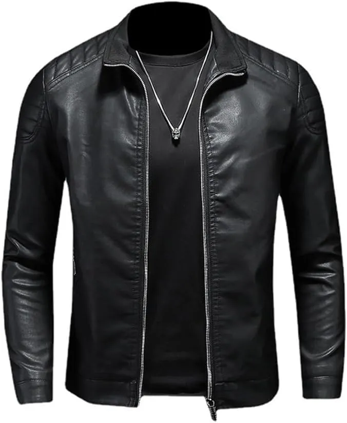 Maiyifu-GJ Men's Vintage Faux Leather Jacket Zip Up Long Sleeve Motorcycle Coat PU Lapel Lightweight Slim Fit Jackets