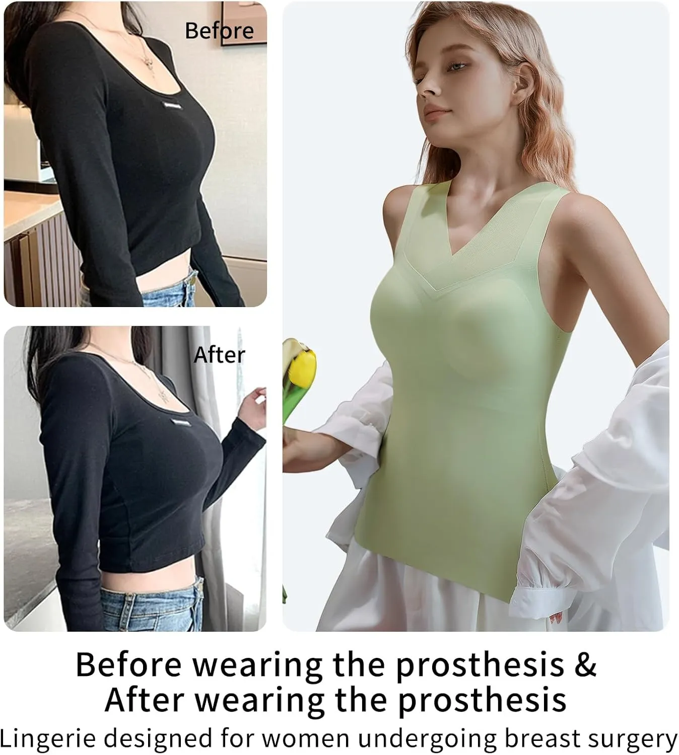 Mastectomy Camisoles with Prosthesis Breast, Comfort Women Post Sugical Tank Top, Prosthetic Breast Camisole