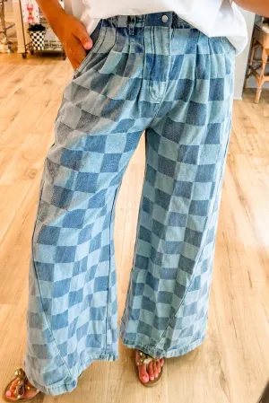 Melliflo Plaid Denim Pants for Women Fashion Checkered Print Wide Leg Jeans Pant Elastic High Waist Lounge Trouser Streetwear Blue