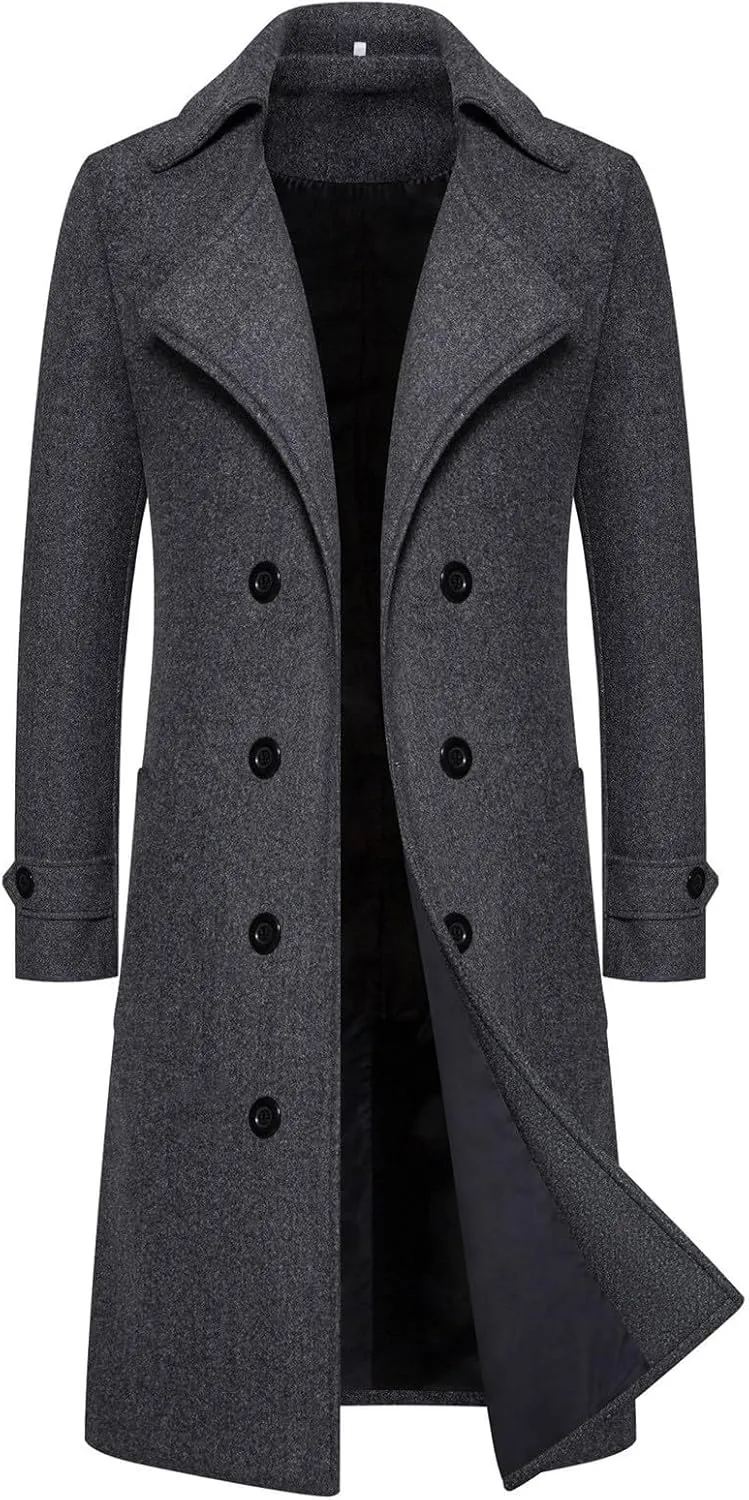 Men Coats Winter Long Winter Overcoat for Men Notched Collar Breasted Slim Fit Casual Trench Coat Everyday Style
