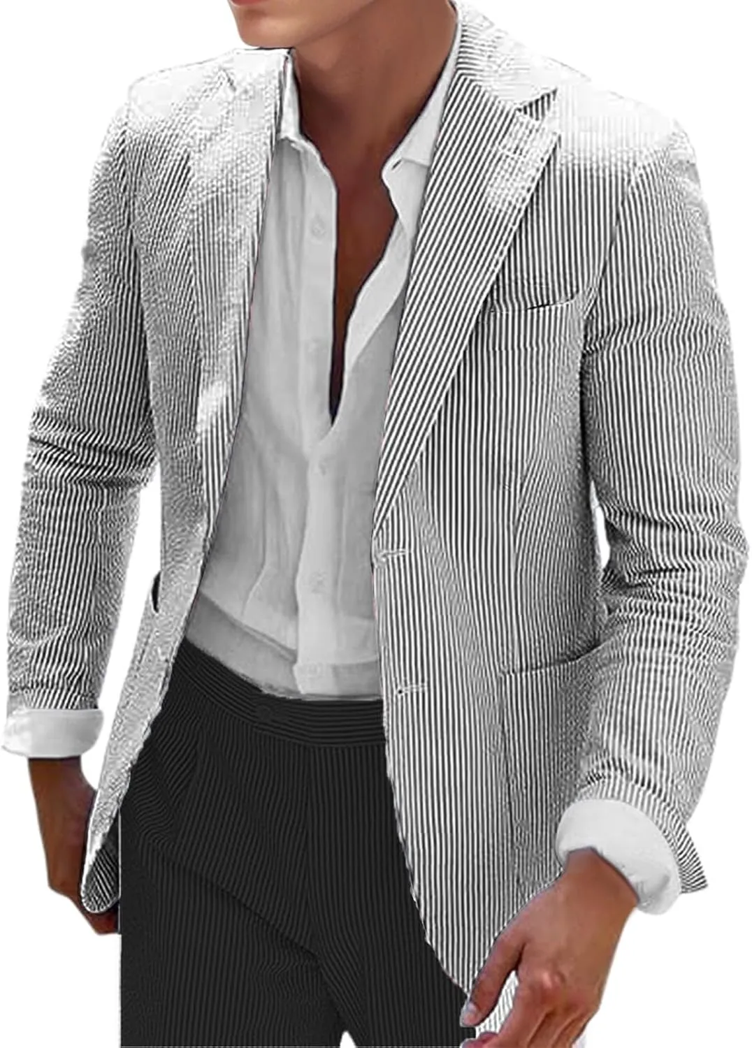 Men Seersucker Suit Jacket Summer Beach Wedding Striped Blazer Slim Fit Sport Coats Suits Jackets Wedding Prom Tuxedo