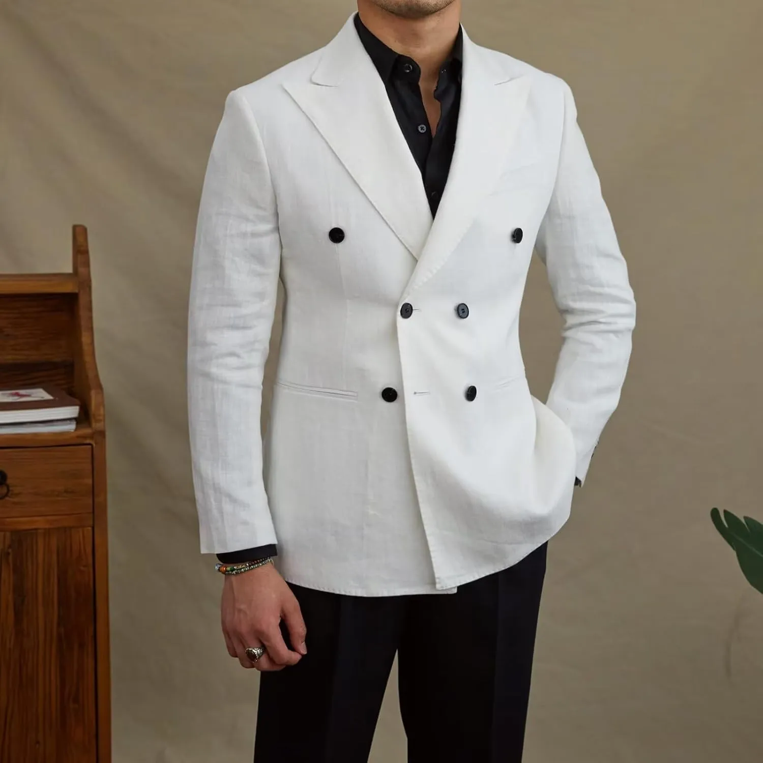 Men's Blazer Casual Linen Sport Coats Slim Fit Double Breasted Suit Jacket Summer Lightweight Sports Jacket