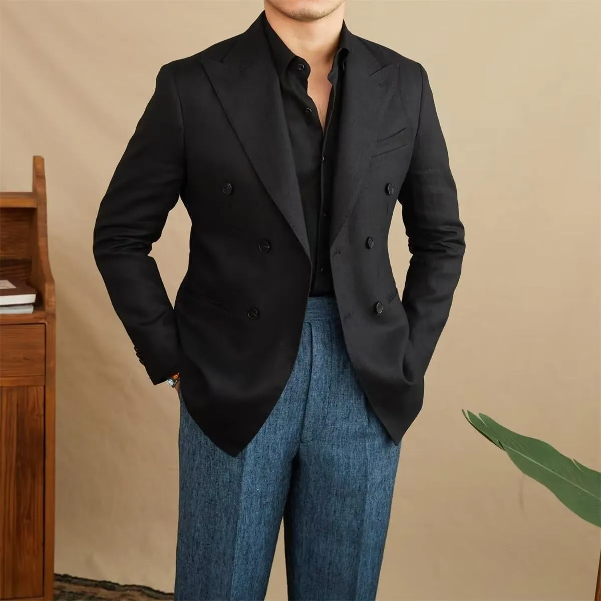 Men's Blazer Casual Linen Sport Coats Slim Fit Double Breasted Suit Jacket Summer Lightweight Sports Jacket