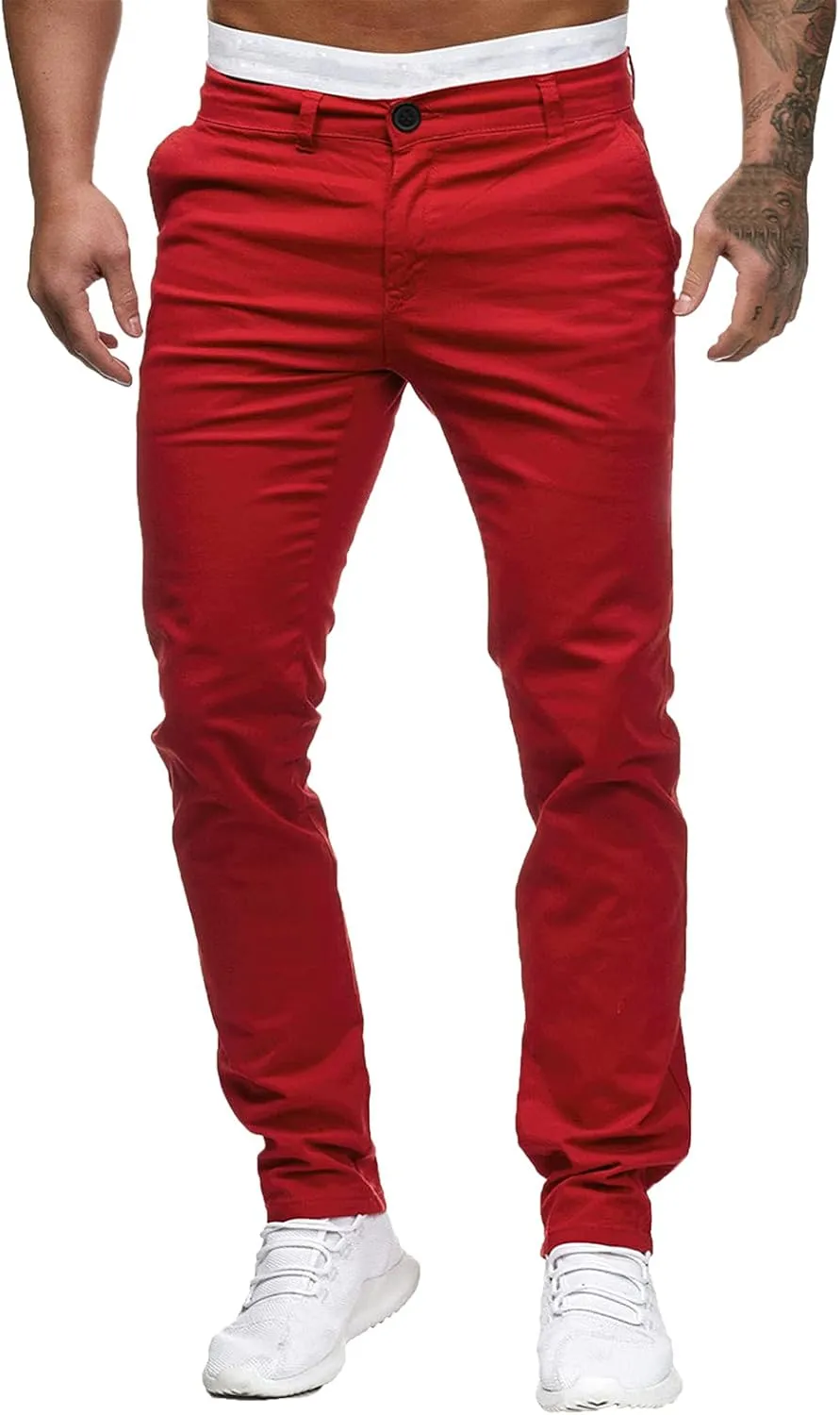 Mens Chinos Slim Fit Stretch Flat-Front Skinny Dress Pants Comfort Casual Solid Trousers