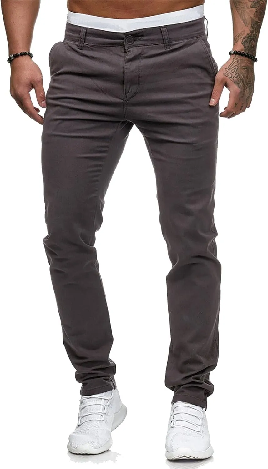 Mens Chinos Slim Fit Stretch Flat-Front Skinny Dress Pants Comfort Casual Solid Trousers
