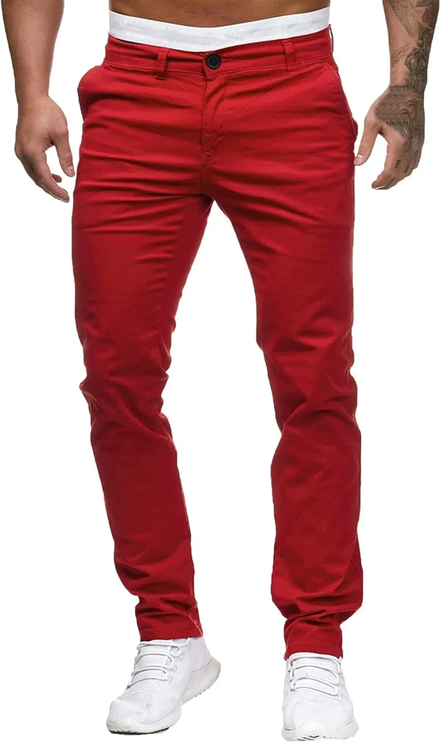 Mens Chinos Slim Fit Stretch Flat-Front Skinny Dress Pants Comfort Casual Solid Trousers