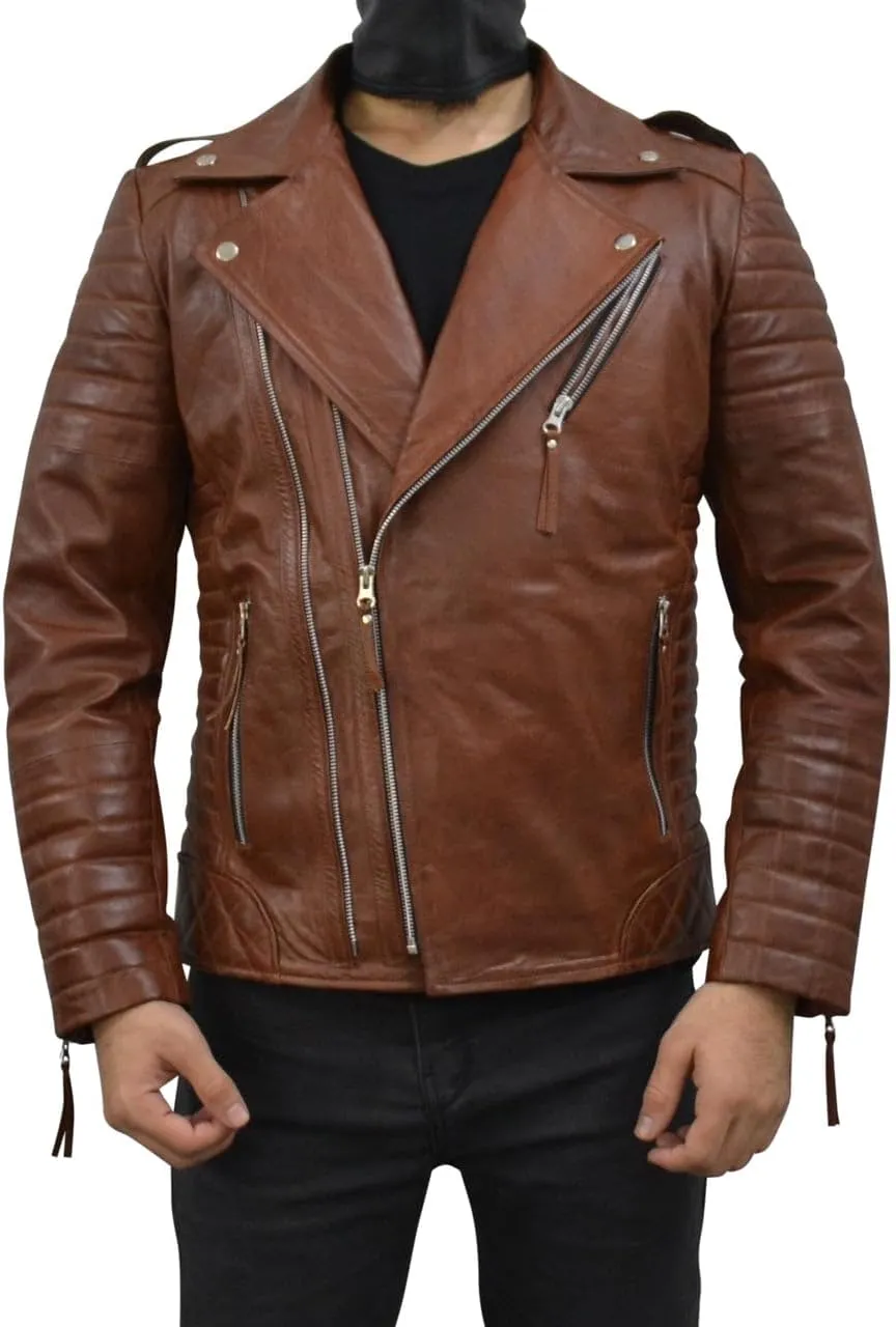 Mens Leather Jacket - Biker Leather Jacket For Men - Lightweight Slim Mens Leather Motorcycle Jackets Black Real Lambskin