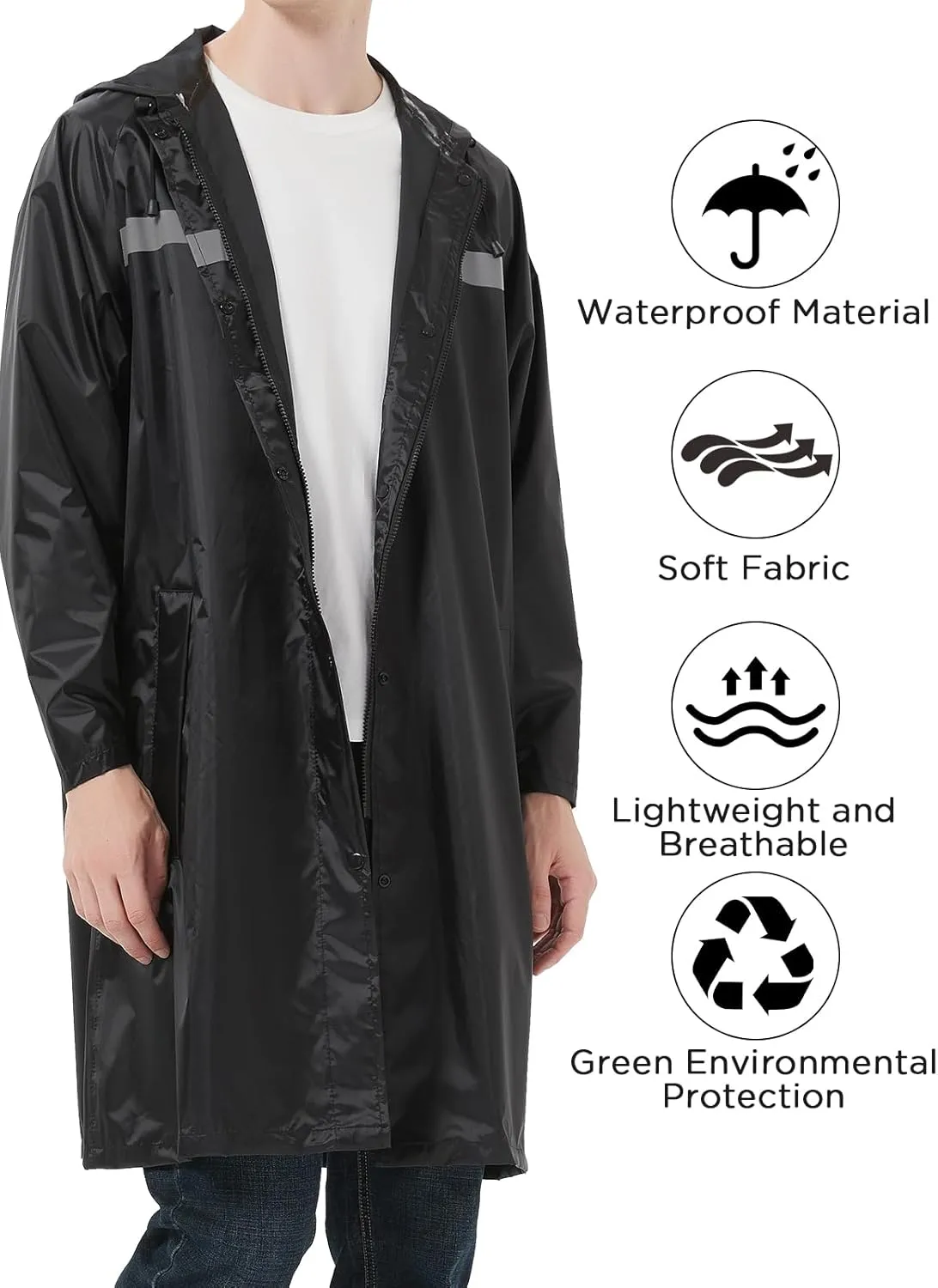 Mens Long Safety Rain Coats with Air Vents Reflective Stripes Waterproof Packable Rain Jacket with Hood Lightweight