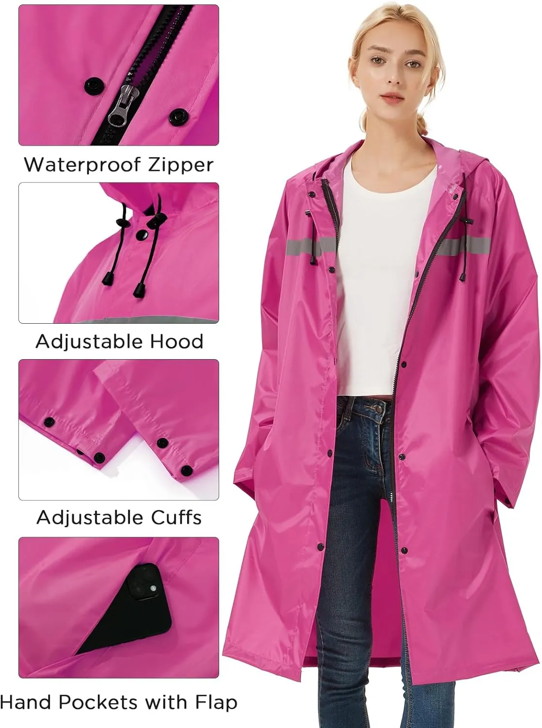 Mens Long Safety Rain Coats with Air Vents Reflective Stripes Waterproof Packable Rain Jacket with Hood Lightweight