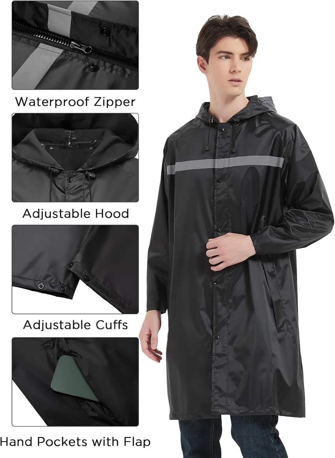 Mens Long Safety Rain Coats with Air Vents Reflective Stripes Waterproof Packable Rain Jacket with Hood Lightweight