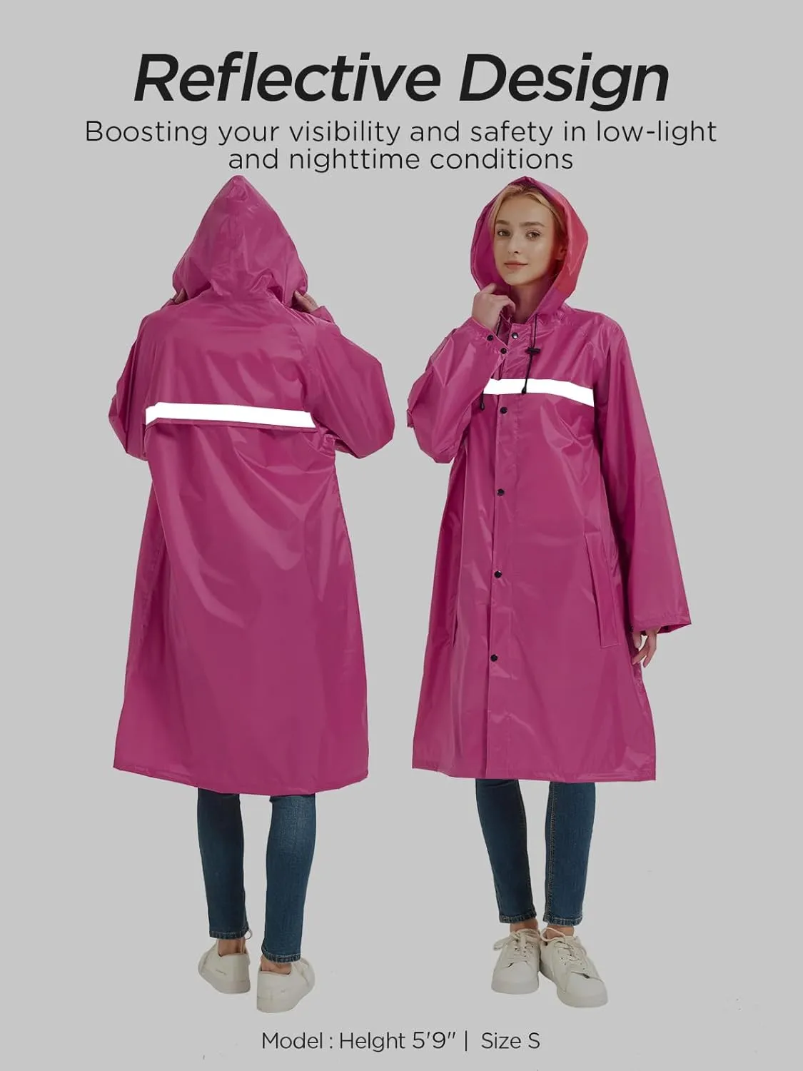 Mens Long Safety Rain Coats with Air Vents Reflective Stripes Waterproof Packable Rain Jacket with Hood Lightweight