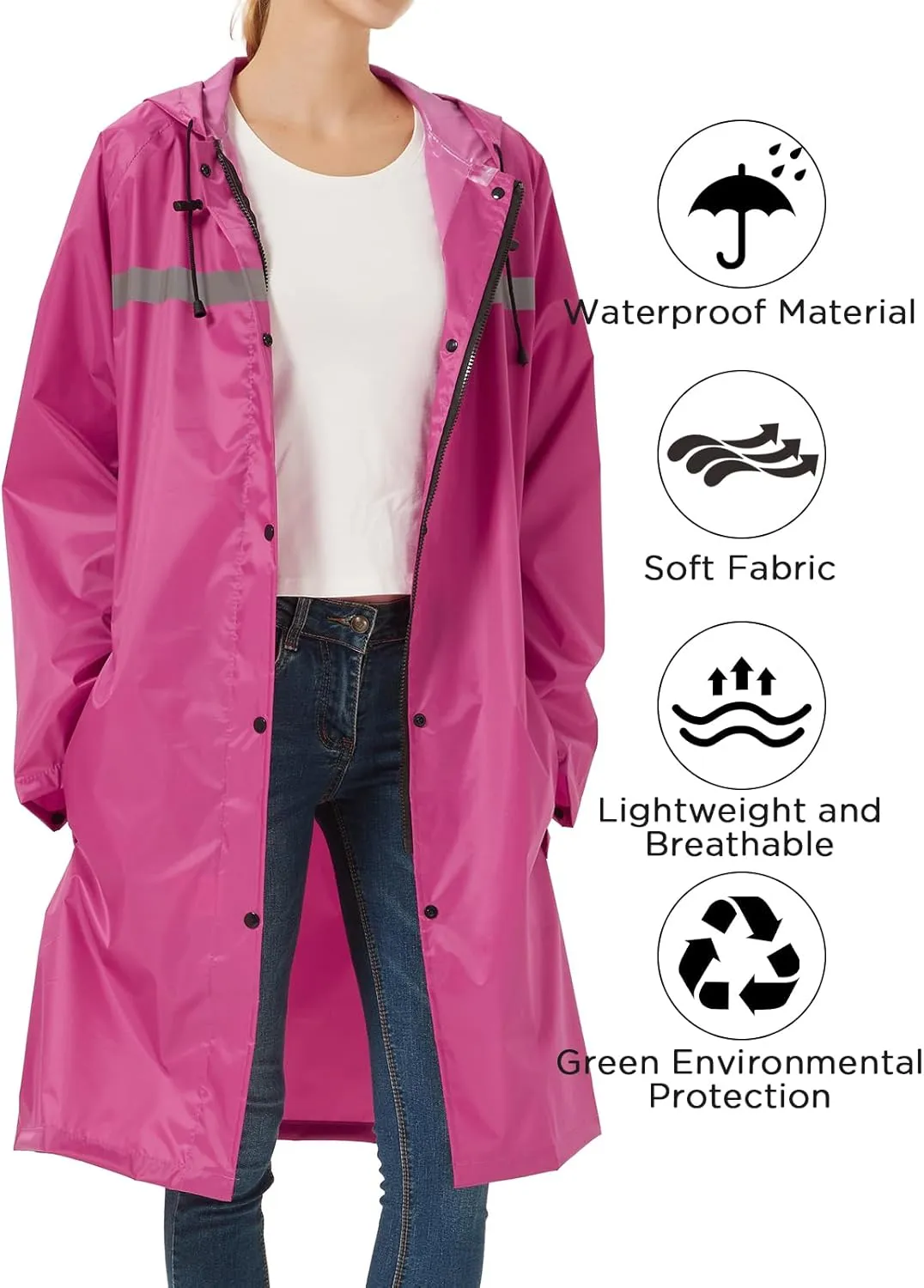 Mens Long Safety Rain Coats with Air Vents Reflective Stripes Waterproof Packable Rain Jacket with Hood Lightweight