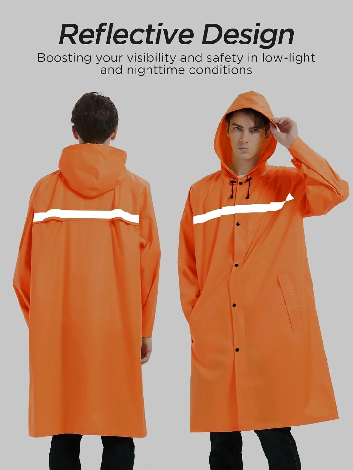 Mens Long Safety Rain Coats with Air Vents Reflective Stripes Waterproof Packable Rain Jacket with Hood Lightweight
