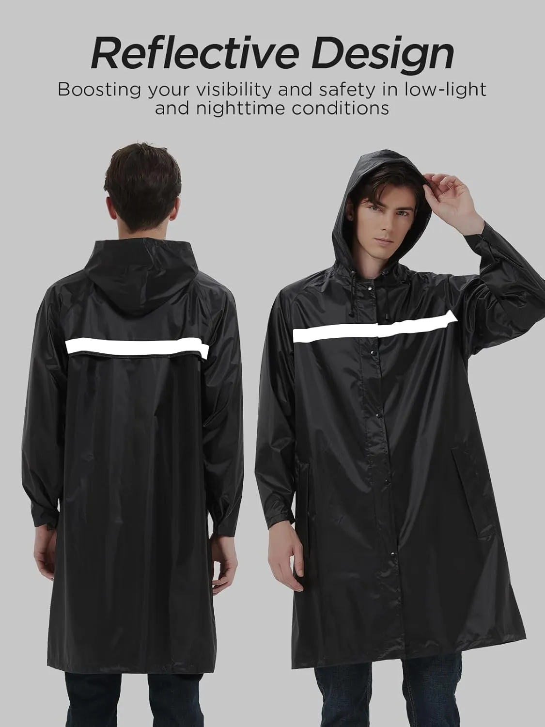 Mens Long Safety Rain Coats with Air Vents Reflective Stripes Waterproof Packable Rain Jacket with Hood Lightweight