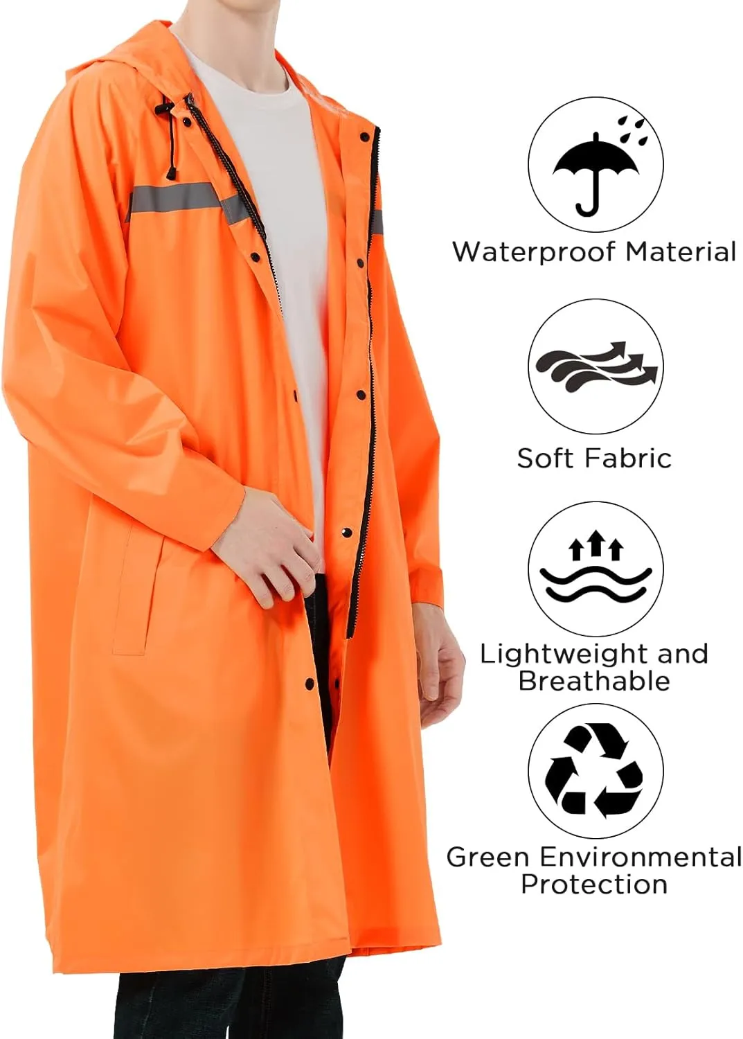 Mens Long Safety Rain Coats with Air Vents Reflective Stripes Waterproof Packable Rain Jacket with Hood Lightweight