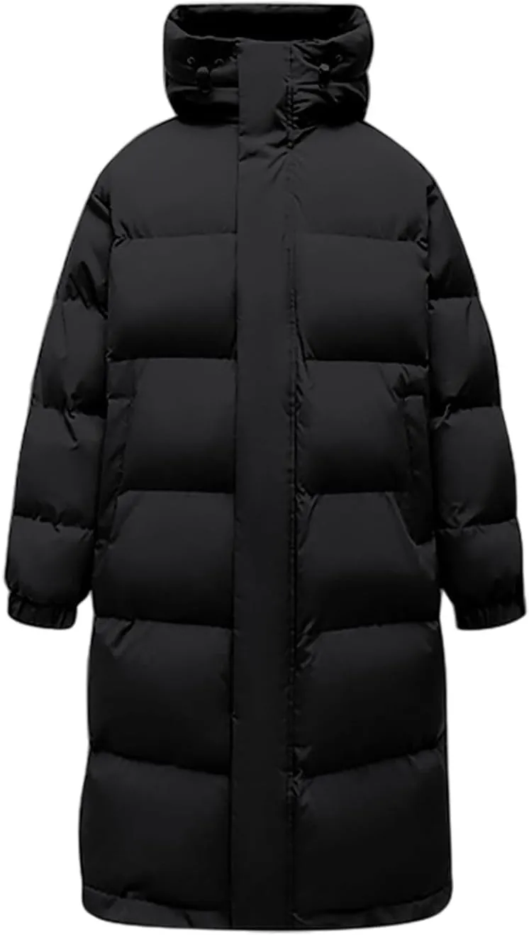 Mens Long Winter Puffer Jacket Hood Full Zip down Parka Jackets Casual Lightweight Windproof Warm Outdoor Padded Coat