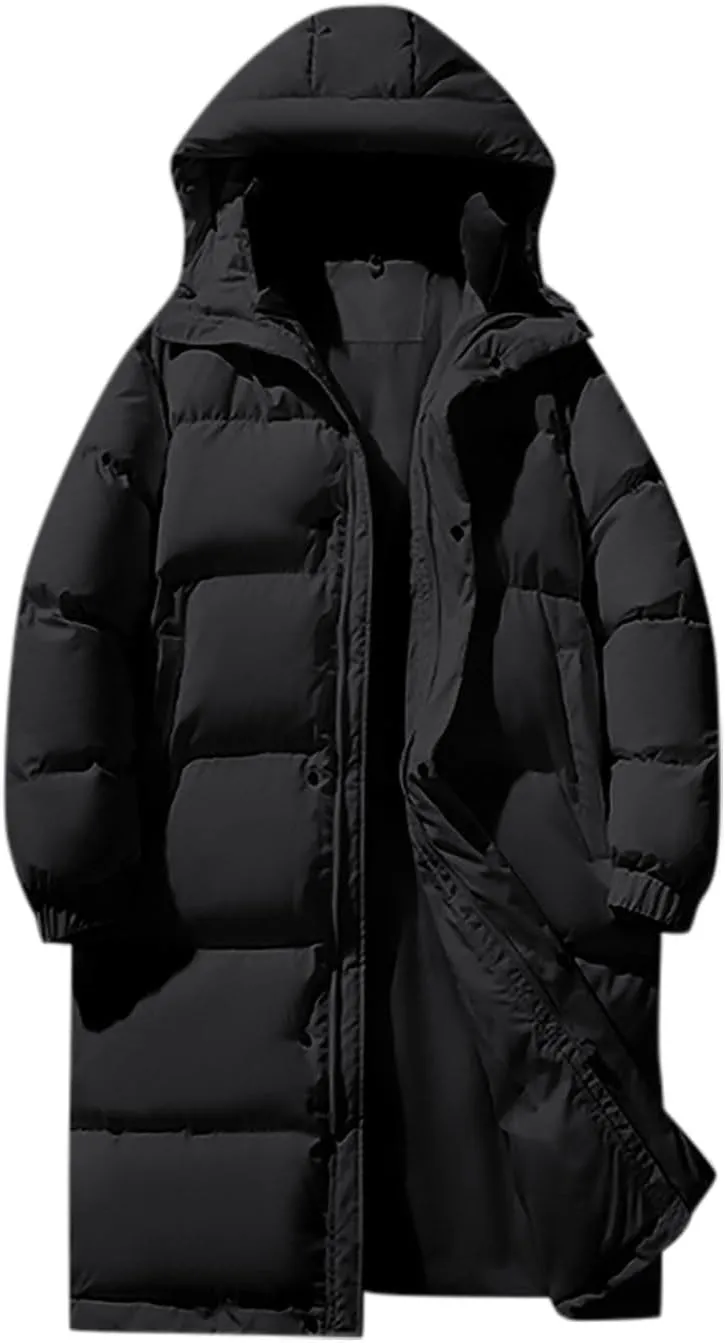 Mens Long Winter Puffer Jacket Hood Full Zip down Parka Jackets Casual Lightweight Windproof Warm Outdoor Padded Coat