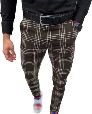 Men's Plaid Print Casual Pants Trousers Stretch Tapered Pants with Pocket Slim Fit Chinos Pants Dress Pants