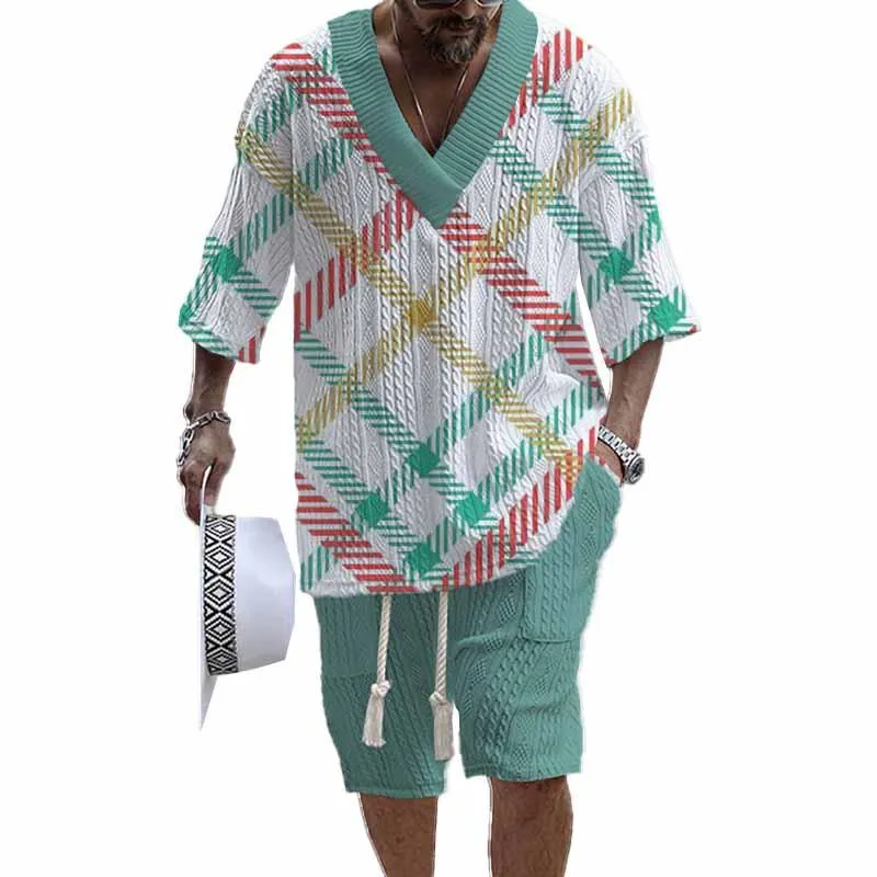 Men's Printed Short Sleeve Shorts Textured Set 19885103YY