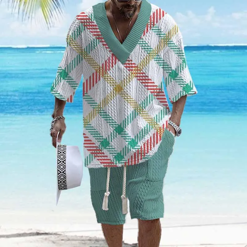 Men's Printed Short Sleeve Shorts Textured Set 19885103YY