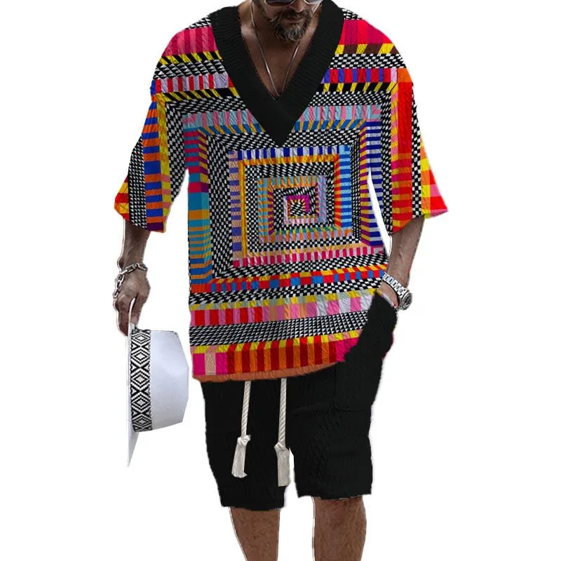 Men's Printed Short Sleeve Shorts Textured Set 50545236YY