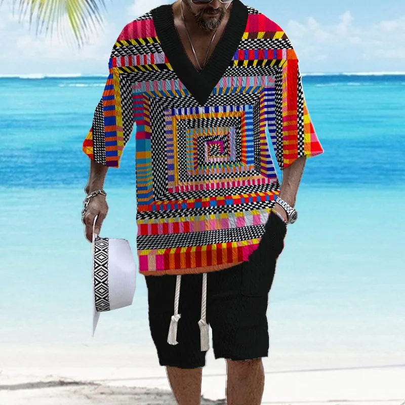 Men's Printed Short Sleeve Shorts Textured Set 50545236YY