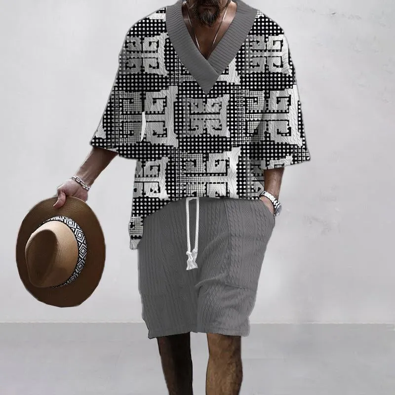 Men's Printed Short Sleeve Shorts Textured Set 75313621YY