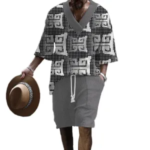 Men's Printed Short Sleeve Shorts Textured Set 75313621YY