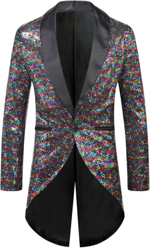 Mens Sequin Tuxedo Jacket Tails Slim Fit Tailcoat Dress Coat Swallowtail Dinner Wedding Party Blazer Suit Jackets