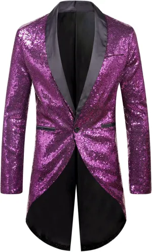 Mens Sequin Tuxedo Jacket Tails Slim Fit Tailcoat Dress Coat Swallowtail Dinner Wedding Party Blazer Suit Jackets
