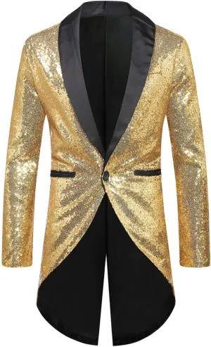 Mens Sequin Tuxedo Jacket Tails Slim Fit Tailcoat Dress Coat Swallowtail Dinner Wedding Party Blazer Suit Jackets